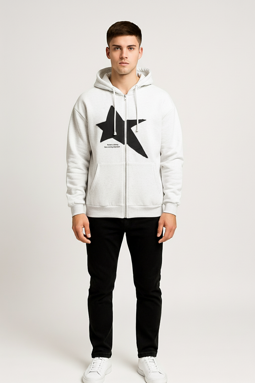 Star Patch Zip-Up Hoodie – Oversized Streetwear Pullover